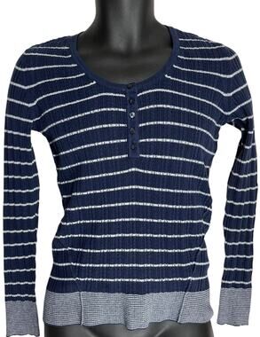 Sonoma Sweater Womens M Petite Blue Striped Long Sleeve Cotton Blend PILLING